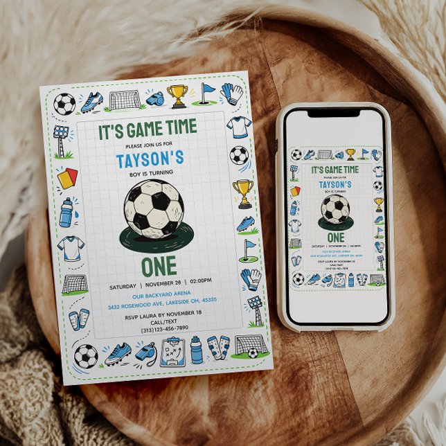 Invitation C'est l'heure du jeu anniversaire foot 1 an (It’s Game Time soccer 1st Birthday Invitation
)
