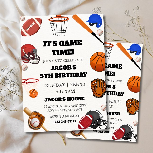 Invitation C'est l'heure du jeu !" Sports All-Star 5e anniver (It's Game Time!" All-Star Sports 5th Birthday Invitation
)