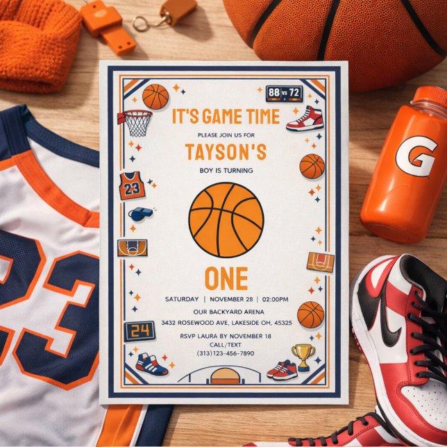 Invitation C'est l'heure du match de basketball 1er anniversa (It’s Game Time Basketball 1st Birthday Rookie Year Invitation
)