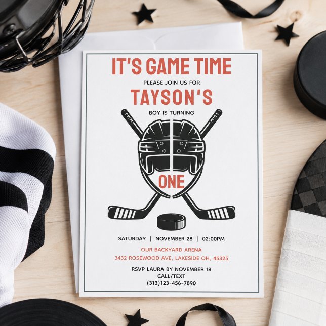 Invitation C'est l'heure du match Hockey 1er anniversaire (It’s Game Time Hockey 1st Birthday Party Invitation
)