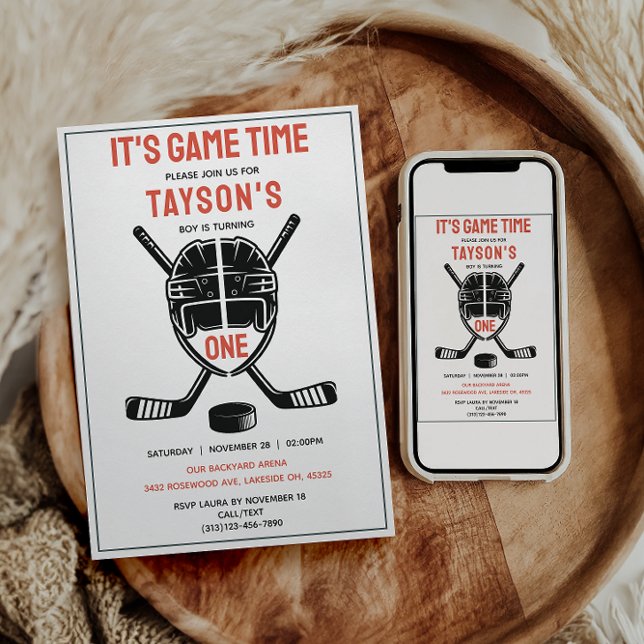 Invitation C'est l'heure du match Hockey 1er anniversaire (It’s Game Time Hockey 1st Birthday Party Invitation
)