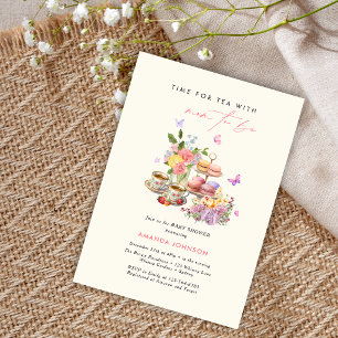 Invitation C'est l'heure du thé macarons tasses papillon baby