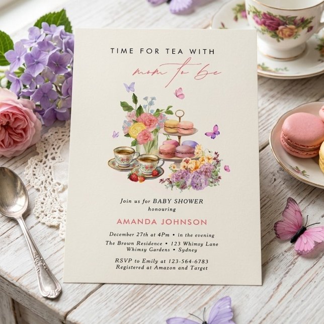 Invitation C'est l'heure du thé macarons tasses papillon baby (Créateur téléchargé)