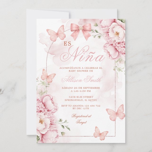 Invitation C'est Nina Papillon Rose Baby Shower (Devant)