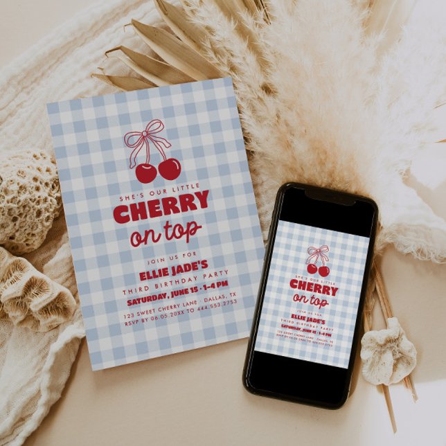 Invitation C'est notre cerise sur le dessus bleu Gingham Anni (Créateur téléchargé)