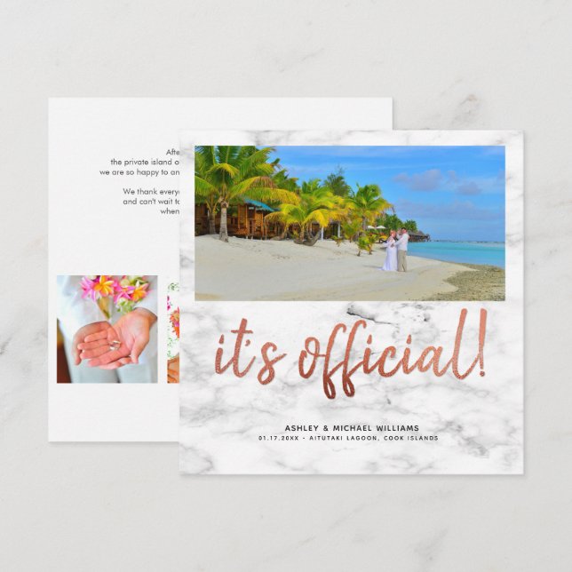 Invitation C'est officiel Mariage en marbre carré photo cuivr (Devant / Derrière)