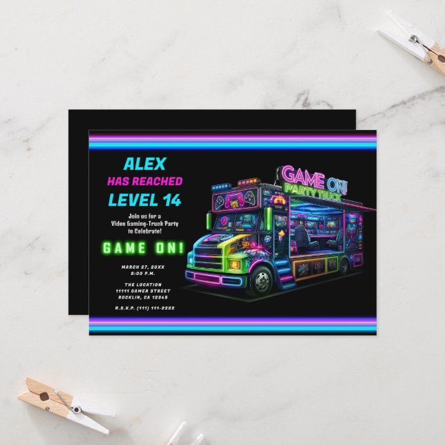Invitation C'est parti ! Fête d'anniversaire de jeux vidéo av (Devant/Arrière en situation)