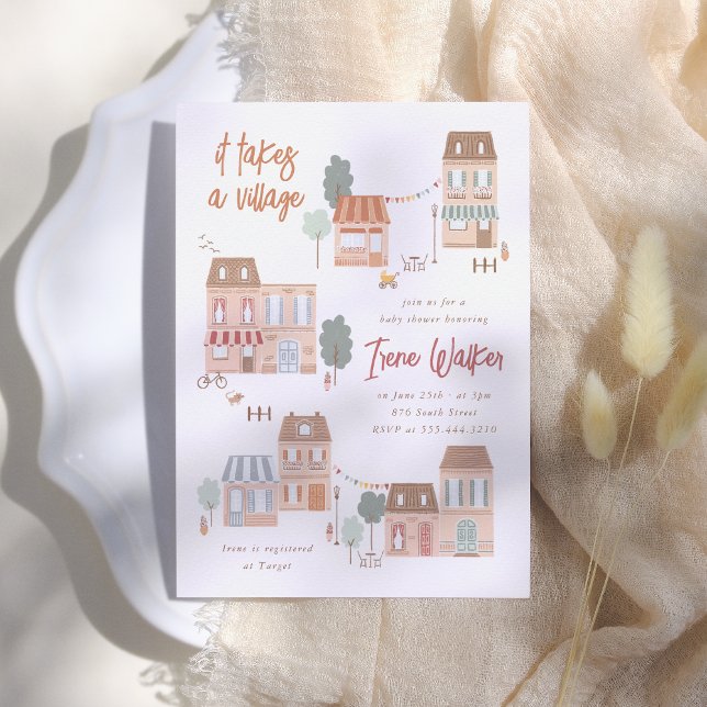 Invitation C'est tout un village Fête de naissance pour bébé  (Créateur téléchargé)