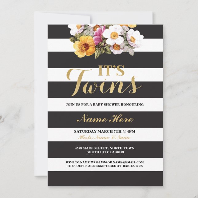 Invitation C'est Twins Baby shower Stripe Gold Floral Invitat (Devant)