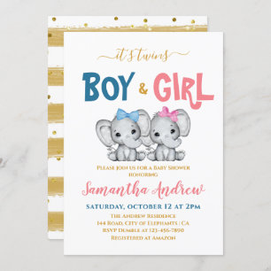 Invitation C'est Twins Cute Elephant Boy & Girl Baby shower