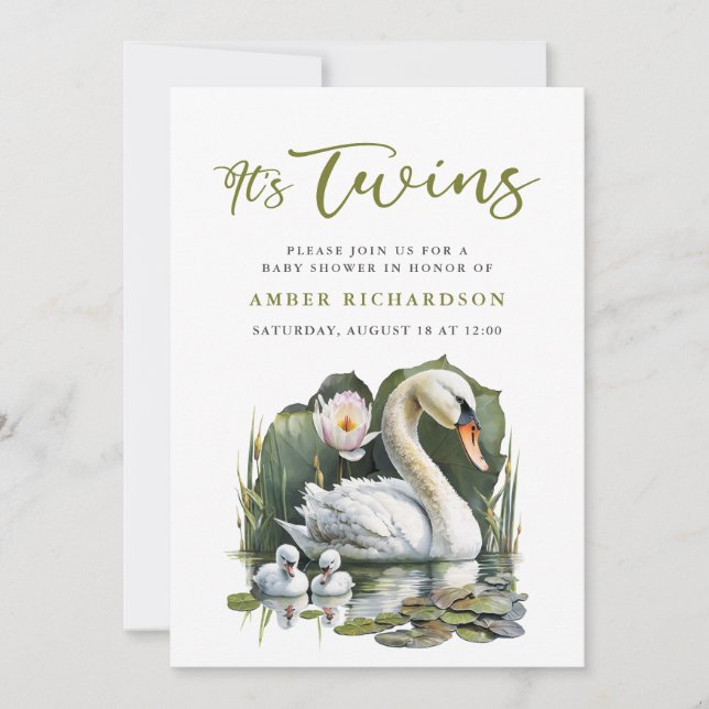 Invitation C'est Twins Elegant Baby shower de cygne à script  (Devant)