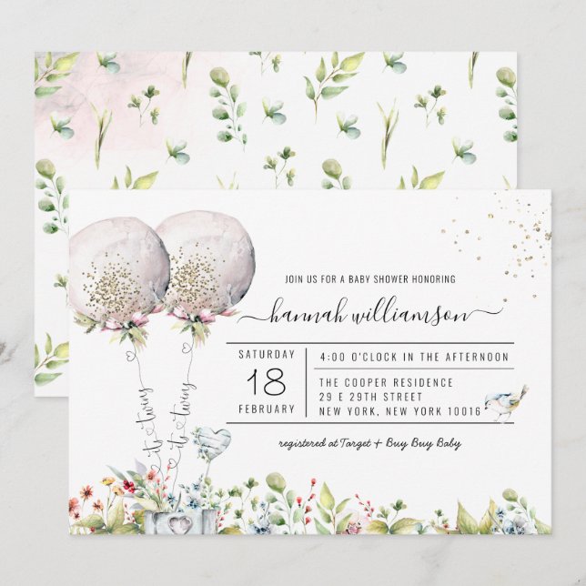 Invitation C'est Twins Lavender Balloon Baby shower Invitatio (Devant / Derrière)