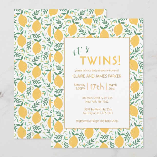 Invitation C'est Twins mignon Baby shower limonier jaune citr (Devant / Derrière)