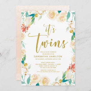 Invitation C'est Twins Peach Gold Parties scintillant Baby sh