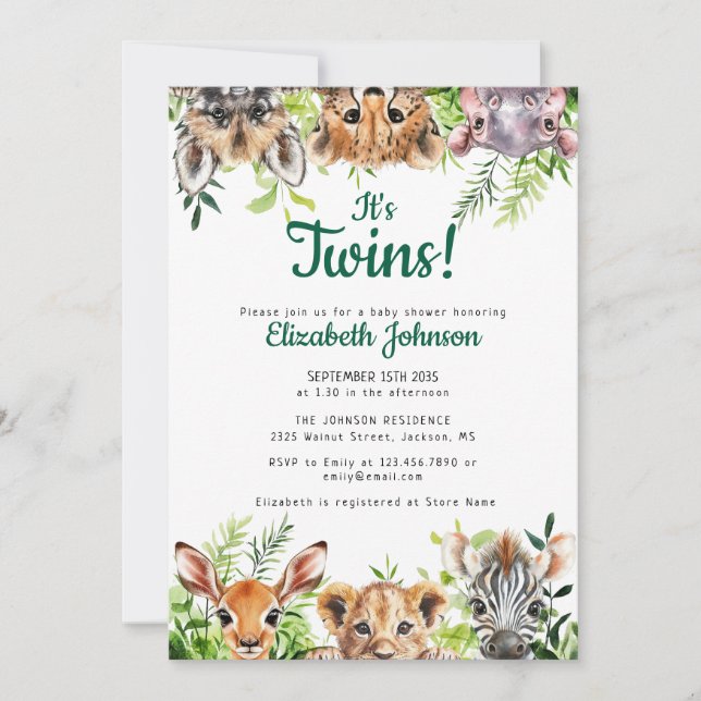 Invitation C'est Twins Watercolor Safari Animaux Baby shower (Devant)