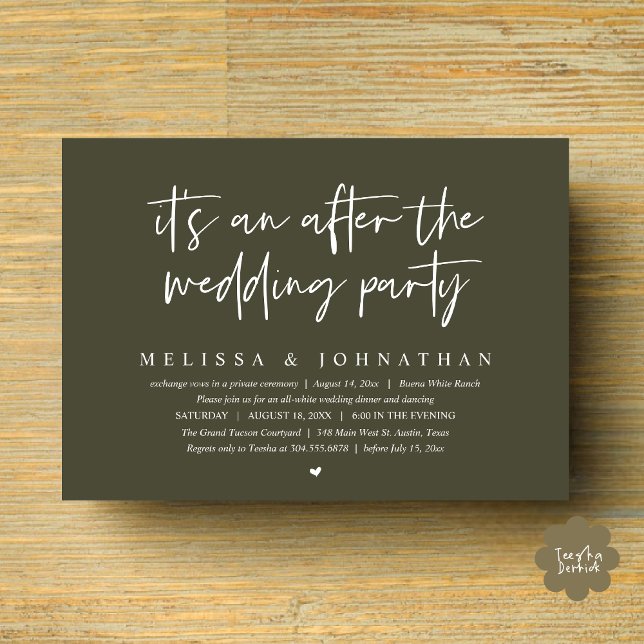 Invitation C'est un après la fête de mariage, dîner romantiqu (It's an after the wedding party, Modern Romantic Dinner Celebration Invitation Card PDF Olive Green)