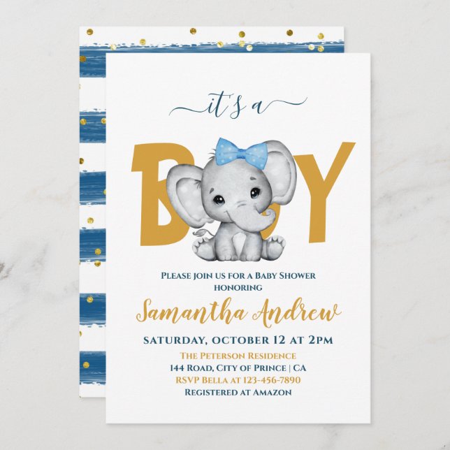 Invitation C'est un Baby shower adorable bébé éléphant garçon (Devant / Derrière)