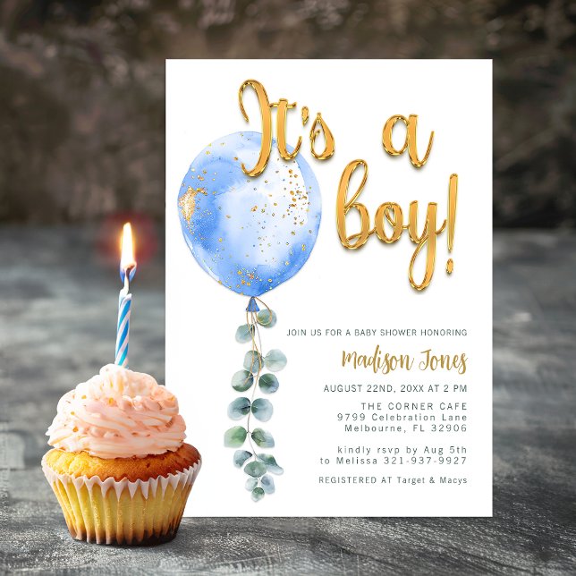 Invitation C'est un Baby shower Bleu Bleu Boy Gold Script (It's a boy invitation)