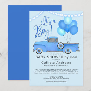Invitation C'est un Baby shower Bleu Boy Truck Balloons Light