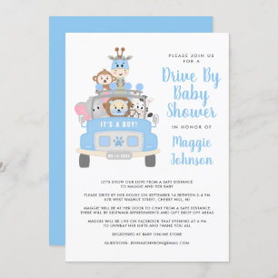 Invitation c'est un Baby shower bleu de Boy Drive By Animal S