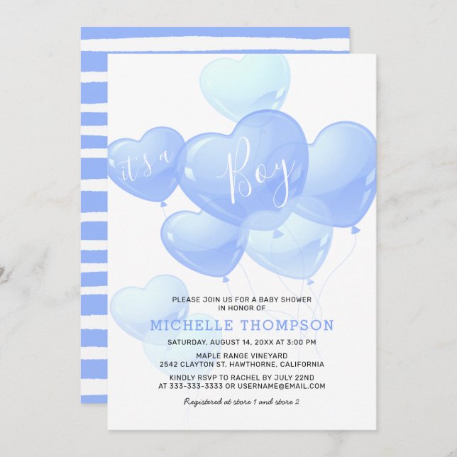 Invitation C'est un Baby shower bleu doux pour garçon (Devant / Derrière)