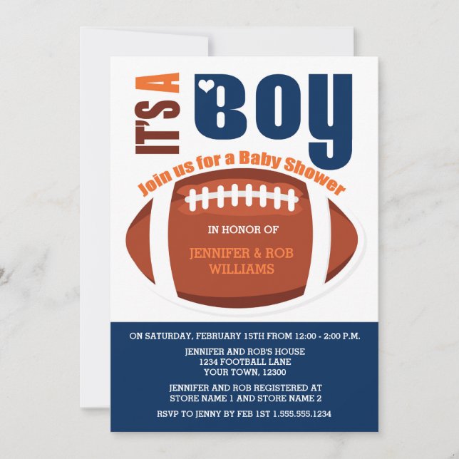 Invitation C'est un Baby shower Bleu Orange de Football (Devant)