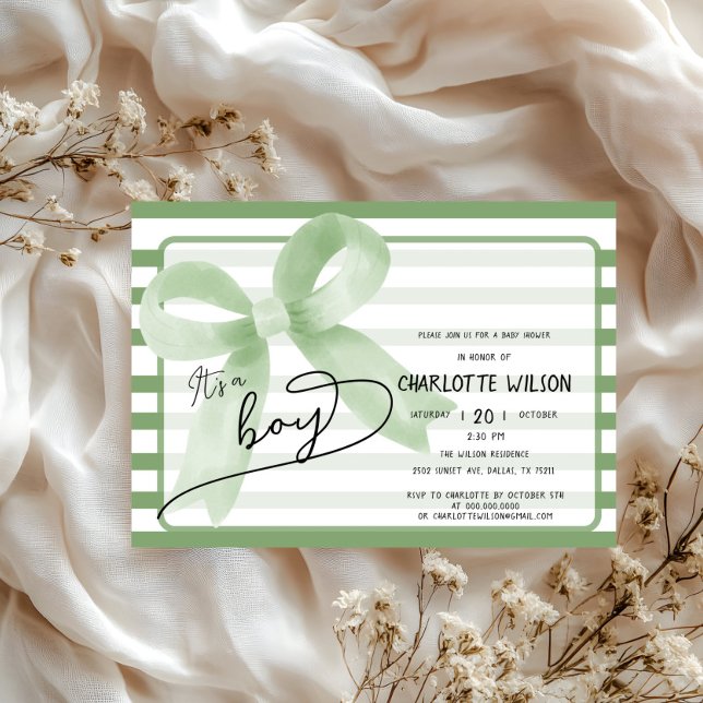 Invitation C'est un Baby shower Boy Cute Green Bow Stripes (Créateur téléchargé)