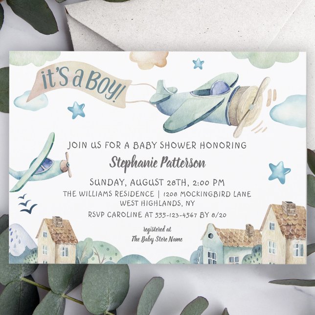 Invitation C'est un Baby shower Boy Cute Watercolor Avions (Créateur téléchargé)