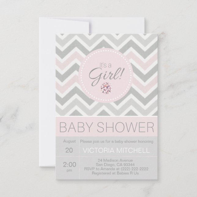 Invitation C'est un Baby shower Chevron rose/gris pour filles (Devant)