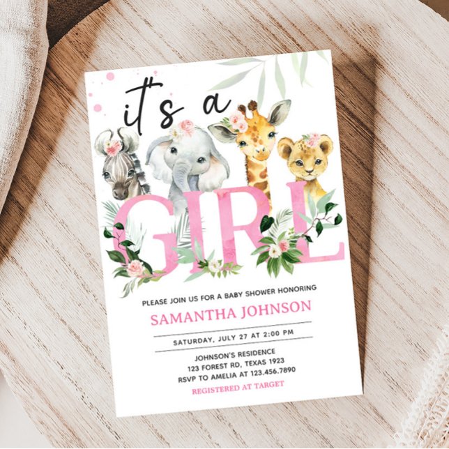 Invitation C'est un Baby shower d'animaux Safari pour filles (Pink Floral Jungle Safari Baby Shower Invitation)