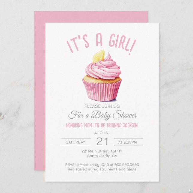 Invitation C'est un Baby shower de cupcake rose et blanc pour (Devant / Derrière)