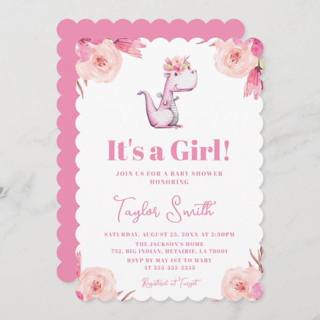 Invitation C'est un Baby shower de dinosaure rose rose floral (Devant / Derrière)