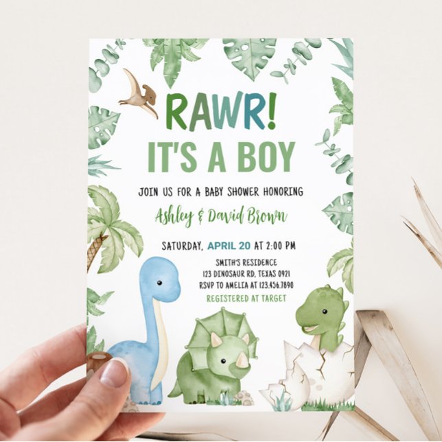 Invitation C'est un Baby shower de dinosaures (Greenery Boy Dinosaur Baby Shower Invitation)