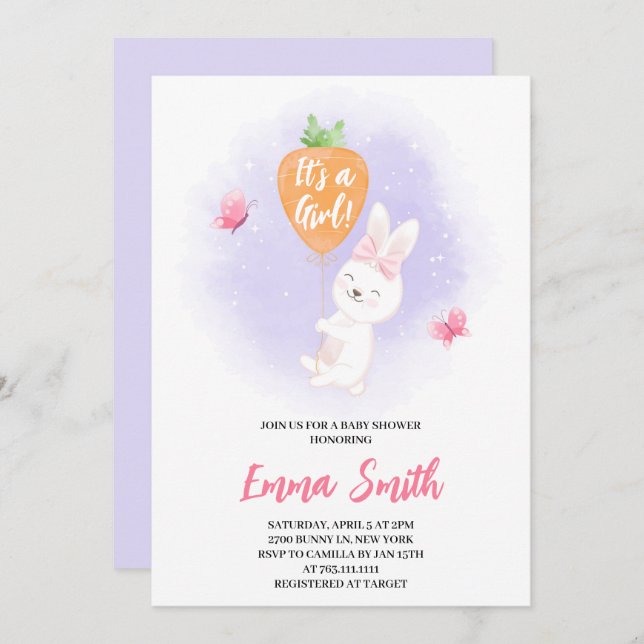 Invitation C'est un Baby shower de lapin mignon fille (Devant / Derrière)