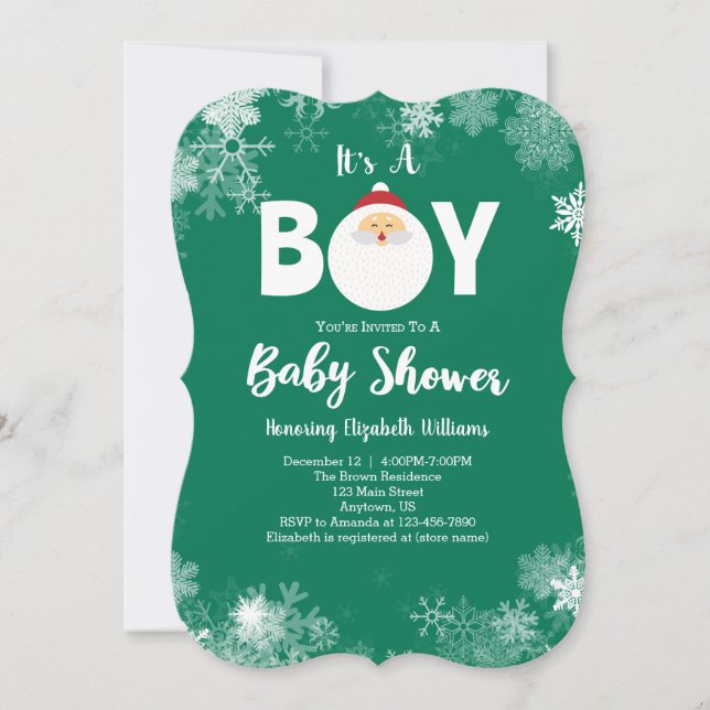 Invitation C'est un Baby shower de Noël à Père Noël vert Garç (Devant)