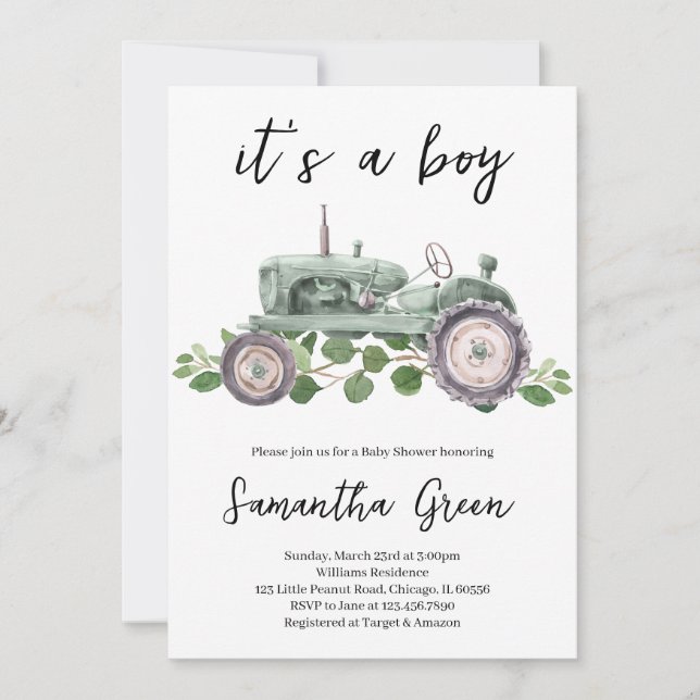 Invitation C'est un Baby shower de tracteur pour garçons (Devant)