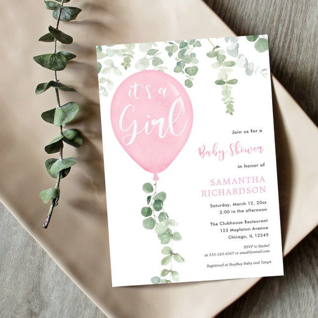 Invitation C'est un baby shower d'eucalyptus en ballon rose f (Créateur téléchargé)