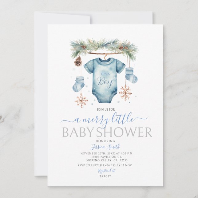 Invitation C'est un Baby shower d'hiver pour bébé bleu garçon (Devant)