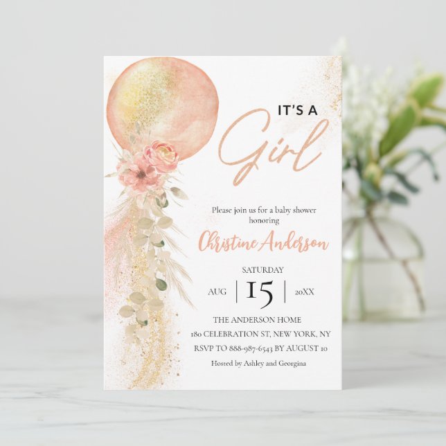 Invitation C'est un baby shower Eucalyptus rose Fille (Debout devant)