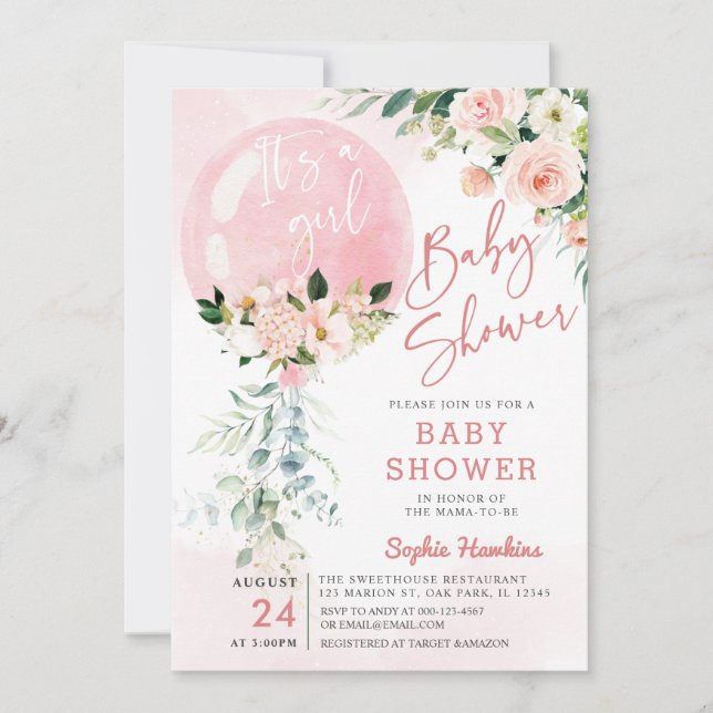 Invitation C'est un Baby shower Eucalyptus rose Fille (Devant)