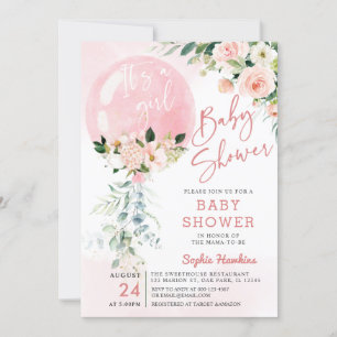 Invitation C'est un Baby shower Eucalyptus rose Fille
