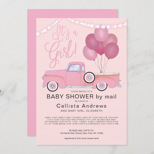 Invitation C'est un Baby shower Fille Pink Truck Balloons (Devant / Derrière)