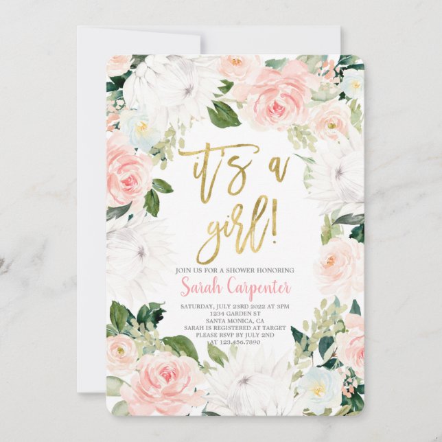 Invitation C'est un Baby shower fleuri rose Girl (Devant)