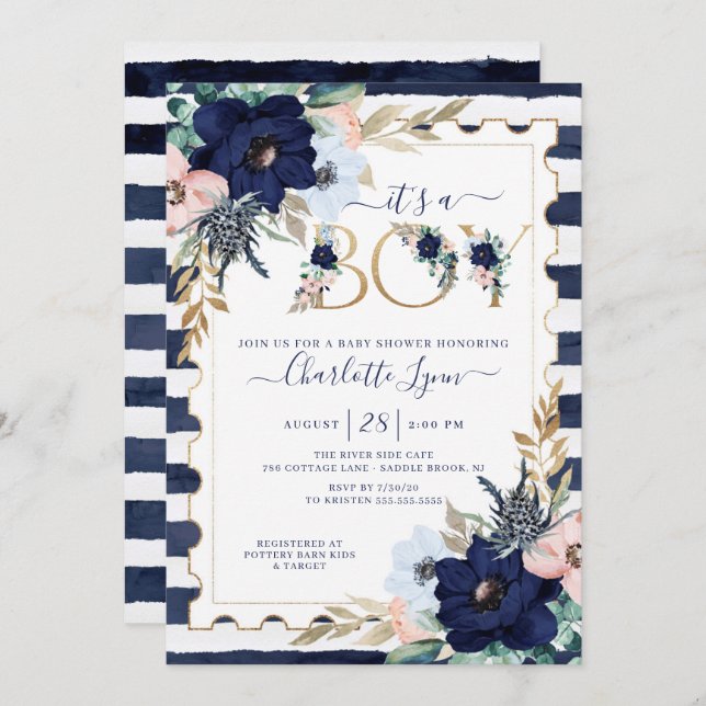Invitation C'est un Baby shower floral bleu et bleu marine (Devant / Derrière)