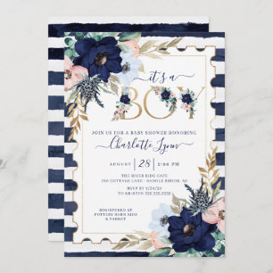 Invitation C'est un Baby shower floral bleu et bleu marine