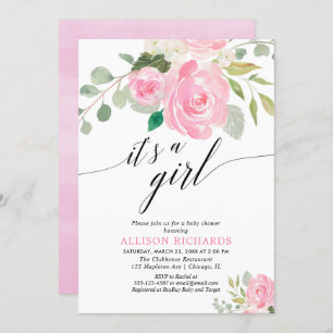 Invitation C'est un baby shower floral couleur aquarelle rose