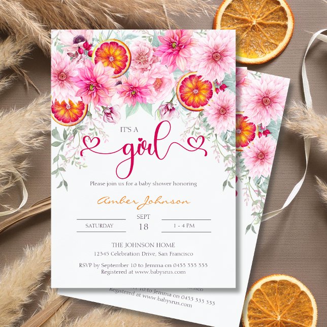 Invitation C'est un Baby shower floral rose de Fille Citrus (It's a girl baby shower invitation, pink peonies, pink dahlias and slices of orange)