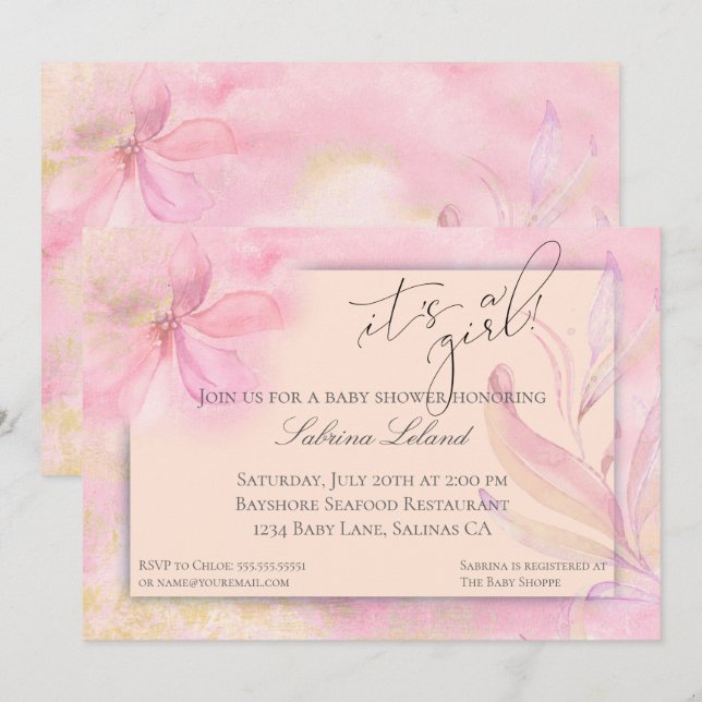 Invitation C'est un Baby shower floral rose fille (Devant / Derrière)