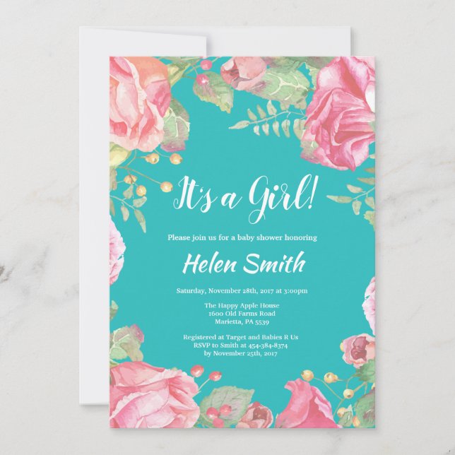 Invitation C'est un Baby shower floral rose fille Turquoise (Devant)