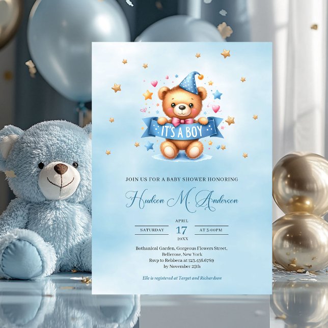 Invitation C'est un baby shower garçon (it's a boy baby shower invitation with teddy bear)